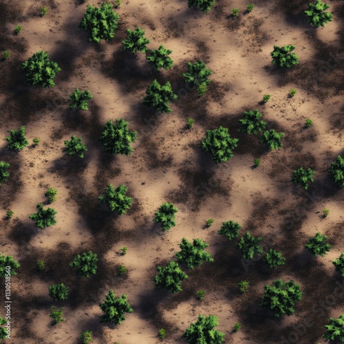 Aerial View of Sparse Desert Vegetation:  Scattered Green Trees and Shrubs on Sandy Terrain, Viewed from Directly Above