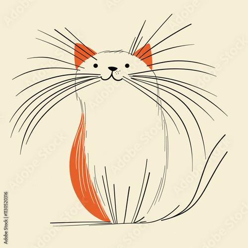 Whimsical cat with orange patch and long whiskers.