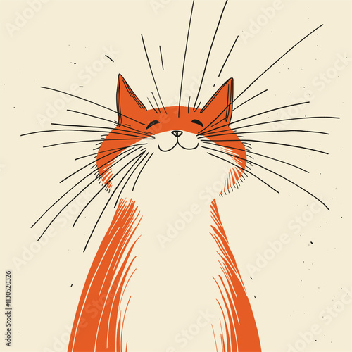 Whimsical cat with orange patch and long whiskers.