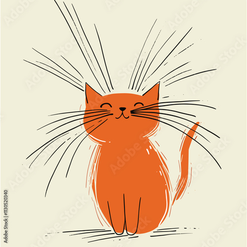 Whimsical cat with orange patch and long whiskers.