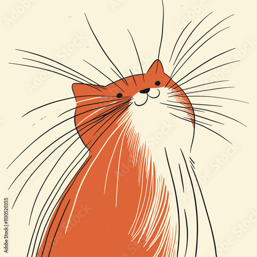 Whimsical cat with orange patch and long whiskers.