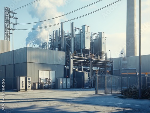 Industrial Plant Exterior Powerlines, Factory, Smoke, and Fence