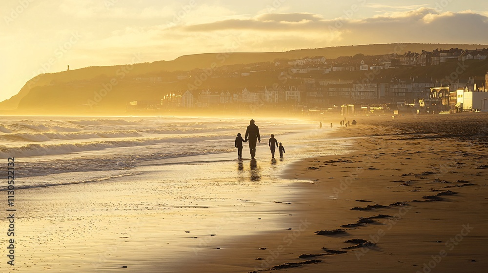 Naklejka premium Family Bonding on Serene Beach at Sunset with Gentle Waves