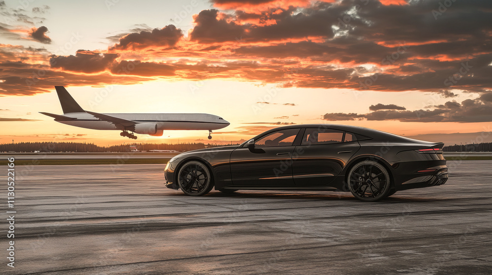 Naklejka premium A black car is parked on the side of a runway next to a large jet