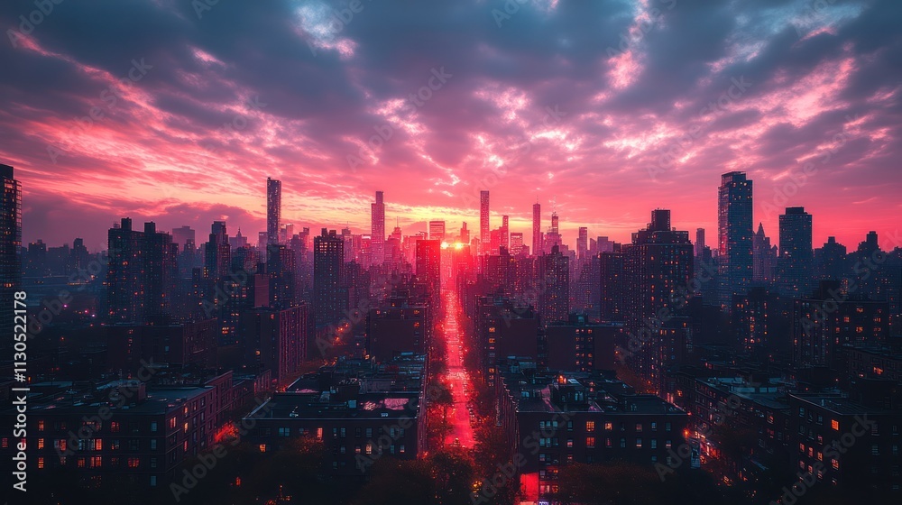 Fototapeta premium Vibrant city skyline at sunset, aerial view.