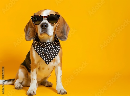 Beagle dogs in stylish sunglasses and with polka dot neckerchiefs on a yellow background, a funny animal concept for a fashion desig photo