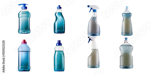 cleaner, ultra clean, organic, liquid detergent realistic bottle mockup, set collection, mega bundle, isolated on transparent background photo