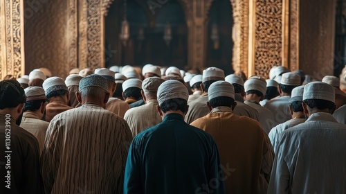 Muslim Congregation Prayer Mosque Interior Religious Gathering White Caps photo