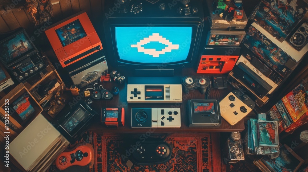 Fototapeta premium A top-down view of a retro gamer setup, with a collection of vintage gaming consoles, AI Generative.