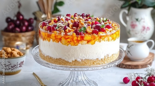 Wallpaper Mural Delicious Layered Fruit Cake with Nuts and Cream Topping on Elegant Glass Stand Arabic Sweets and Desserts Torontodigital.ca