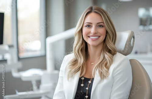 A dental professional is seen smiling confidently while seated in a modern clinic. The bright atmosphere highlights her friendly demeanor and the contemporary dental equipment around her