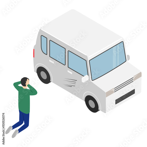 車に傷がつきショックを受ける男性・アイソメトリック