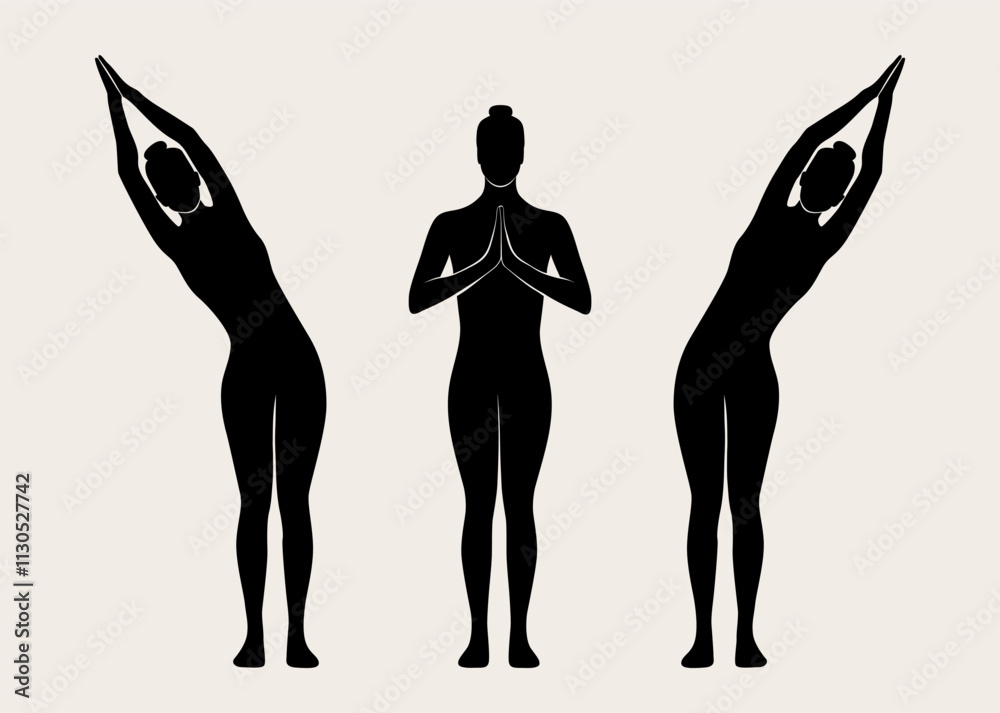 Fototapeta premium Woman doing Yoga, tadasana pose. Slim girl doing yoga. Hand drawn black silhouette Vector illustration. Weight Loss. Health care and lifestyle concept. Female yoga.