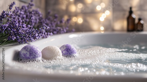 Relaxing Spa Scene with Lavender, Bubbles, and Bath Bombs in Tub