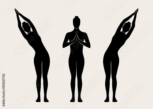 Woman doing Yoga, tadasana pose. Slim girl doing yoga. Hand drawn black silhouette Vector illustration. Weight Loss. Health care and lifestyle concept. Female yoga.