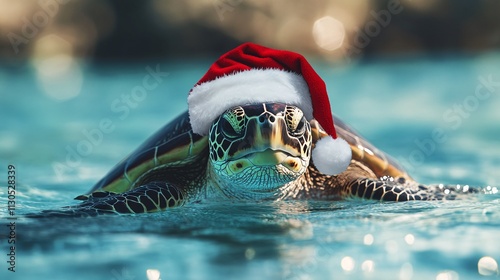 sea turtle wearing a santas hat in the sea, christmas theme, animal christmas wallpaper