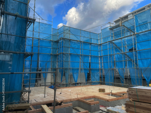 Construction scaffolding of a building a new house in Japan