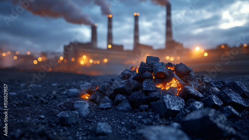 Coal burning near an industrial power plant at dusk. photo