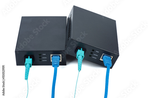 Fiber optic Media converter with Fiber optic cable isolated on white background photo