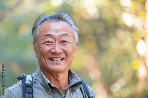 Portrait of a grinning asian man in his 50s sporting a breathable hiking shirt while standing against pastel or soft colors background photo