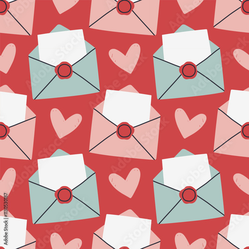 Envelope seamless pattern. Valentines day mail. Simple opened and closed envelopes, decorated with hearts. Holiday background for wrapping, textile