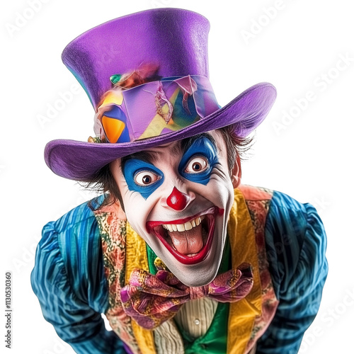 A quirky Halloween clown with a mischievous grin, vibrant colors like orange, purple, and green isolated on transparent background photo