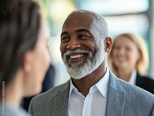 Jovial Businessman Smiling at Colleague