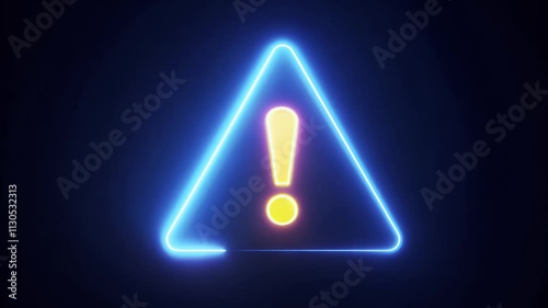 Bright neon 3D exclamation mark over a triangular hazard sign, blinking in rhythm to simulate an emergency warning