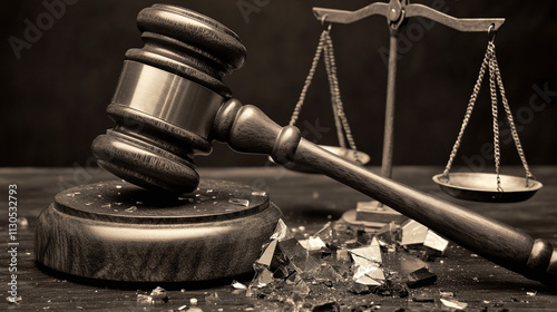 A gavel with shattered scales of justice, symbolizing inequality, injustice, or legal failure photo