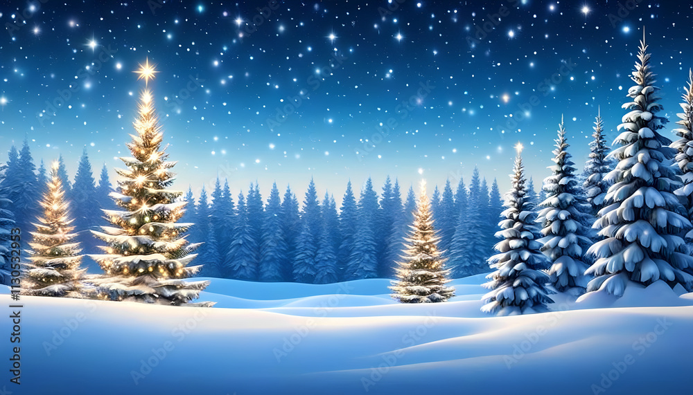Naklejka premium Christmas banner. Beautiful night scene with fir trees. Decorated Christmas tree. glowing balls. Greenlands. Winter card. background of the starry night sky. Christmas banner for congratulations 