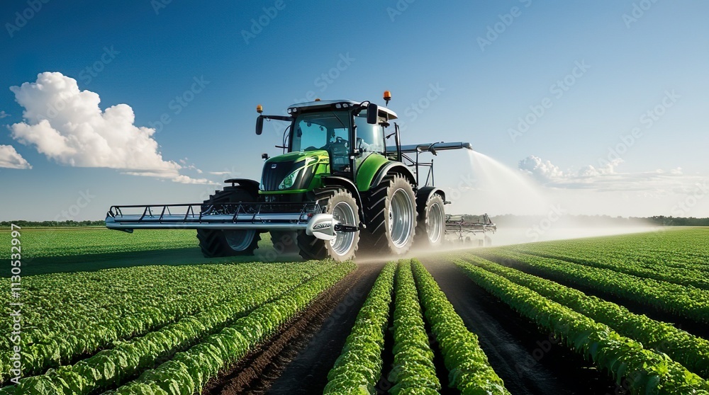 Fototapeta premium Tractor spray fertilize field with insecticide herbicide chemicals in agriculture field
