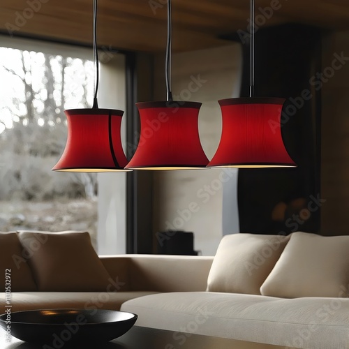 A red lampshade hangs from a ceiling light fixture