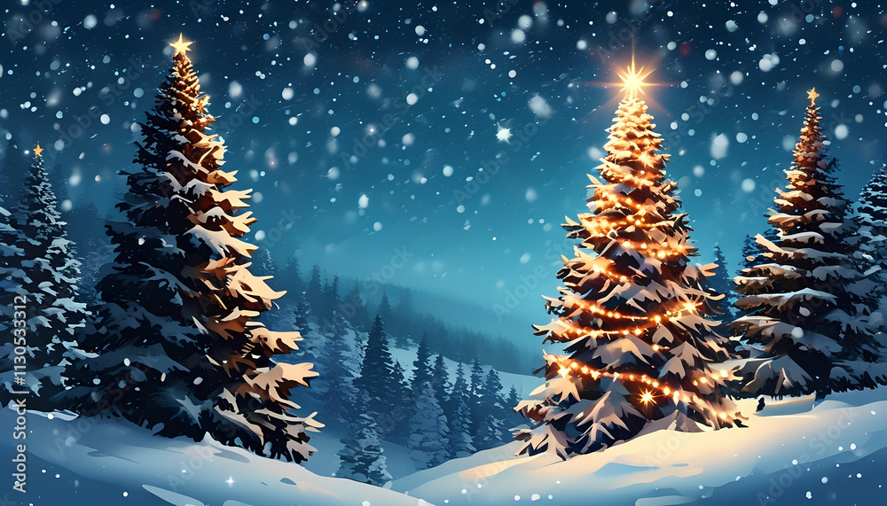 Naklejka premium Christmas banner. Beautiful night scene with fir trees. Decorated Christmas tree. glowing balls. Greenlands. Winter card. background of the starry night sky. Christmas banner for congratulations