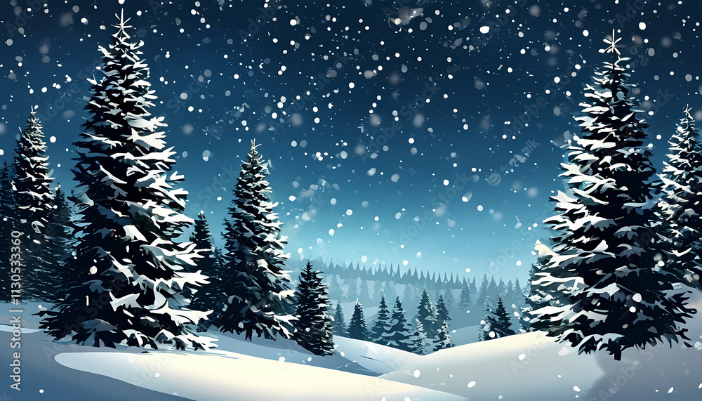 Obraz premium Christmas banner. Beautiful night scene with fir trees. Winter card. background of the starry night sky. Christmas banner for congratulations and invitations