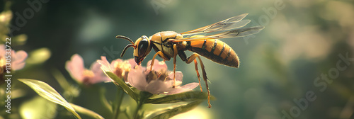 Close-up Shot of a Yellow Jacket Wasp Gathering Nectar from a Flower in a Natural Setting. photo