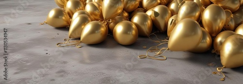 A bunch of gold balloons deflated and laying on the ground, gold balloons, party decorations, deflated