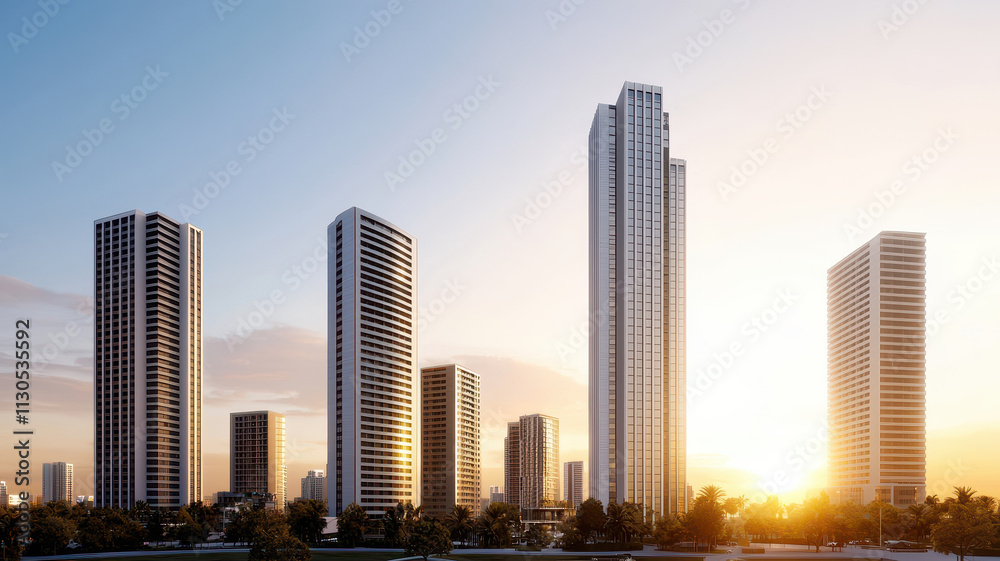 Fototapeta premium Modern urban landscape with skyscrapers at sunset