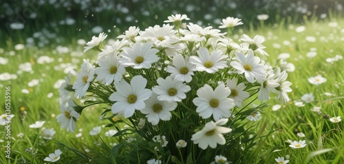 A delicate white bouquet of flowers scattered on a lush green meadow with gentle breeze rustling the petals softly , wildflower, peaceful, countryside photo