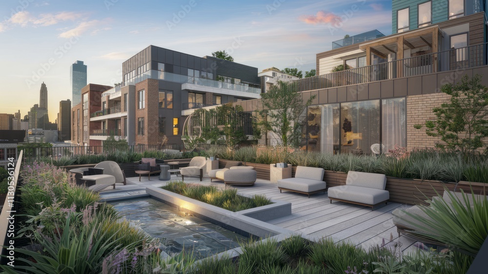 Fototapeta premium Lush green modern apartment building with abundant plant life on balconies, illuminated by golden sunrise, symbolizing urban sustainability.
