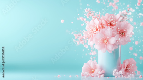Beautiful pink flowers in a white vase set against a soft pastel backdrop, radiating spring's renewal