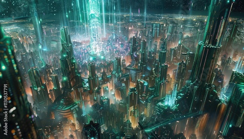 Futuristic Cityscape Illuminated At Night With Towering Structures photo