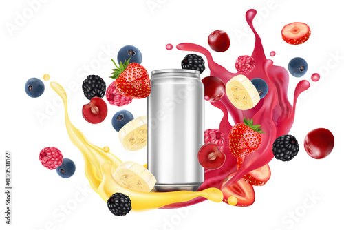 Mixed berries smoothies fruit splashing with canned of Tropical fruits isolated on white background. Vector in 3D illustrations. Food and drink concept. 