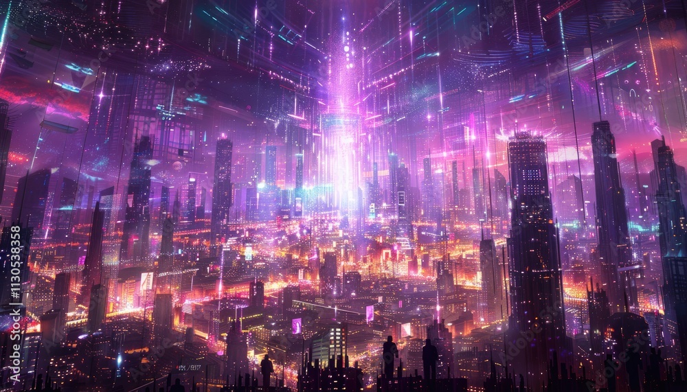 Obraz premium Futuristic Cityscape Night View Illuminated Towers