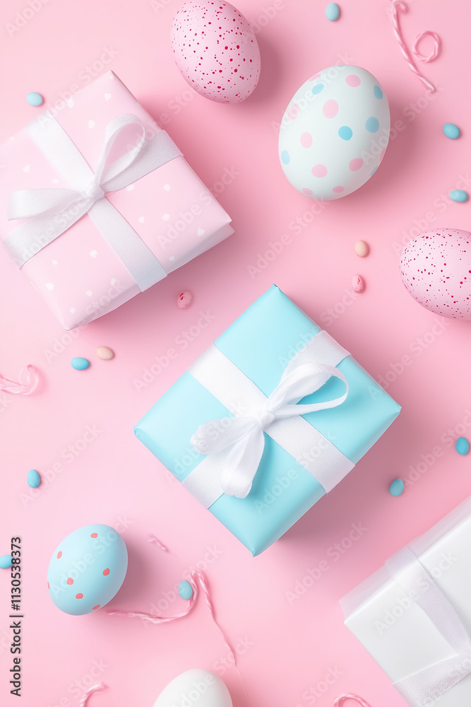 Fototapeta premium Delightful pastel presents and playful eggs create a cheerful spring celebration perfect for Easter festivities