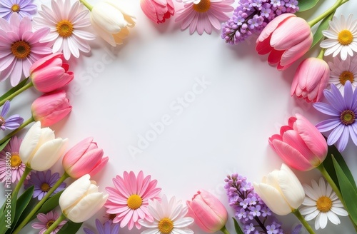 Flat lay of frame made with beautiful spring tulips, daisies, lilac on white background, top view. Space for text