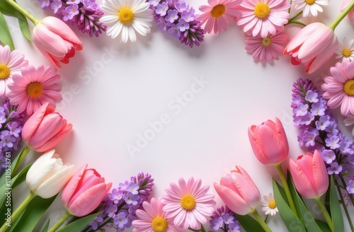 Flat lay of frame made with beautiful spring tulips, daisies, lilac on pink background, top view. Space for text