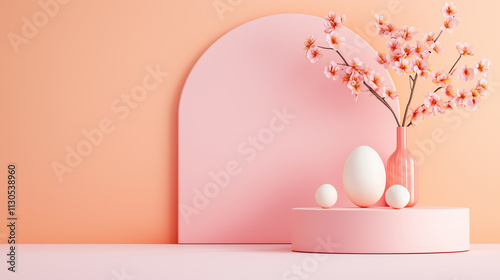 Delicate pastel eggs rest alongside blooming cherry blossoms in a serene spring display