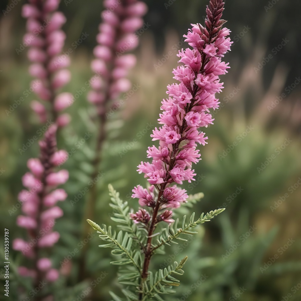 Obraz premium Closeup of the stem and leaves of pink heather Calluna vulgaris flowers with subtle texture effects, calluna vulgaris, floral detail, pink flowers
