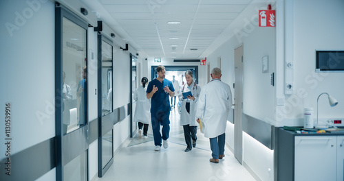фотографія Healthcare Professionals Walking to Their Examination Rooms, Reception Desk, ICU Units in a Modern Bright Hospital Corridor