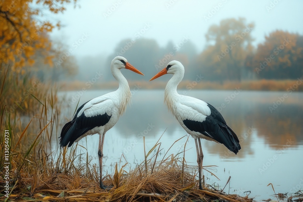 Obraz premium Two storks stand calmly at the edge of a tranquil pond surrounded by reeds and autumn foliage. The atmosphere is peaceful, reflecting the beauty of nature in the early morning fog